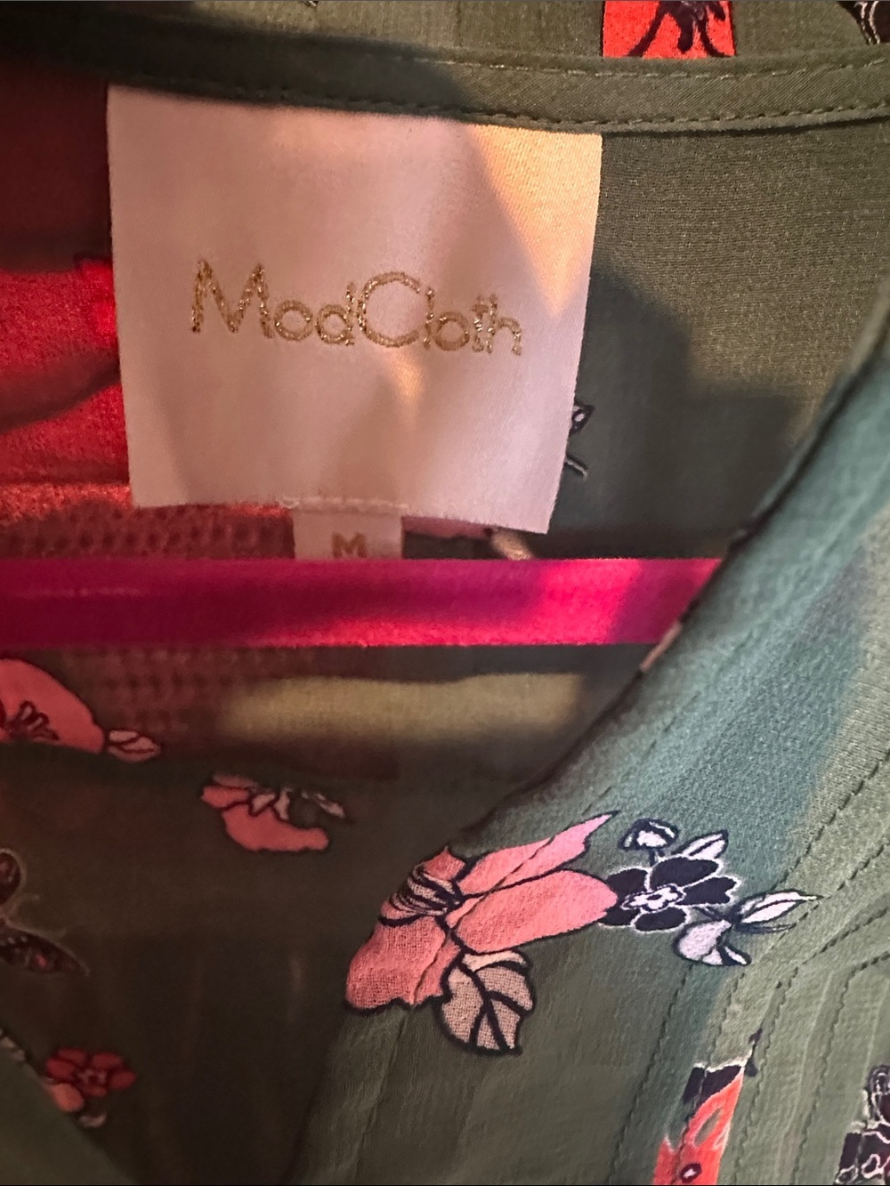 ModCloth green/pink floral cap sleeve side zipper closure dress size M - Picture 2 of 4